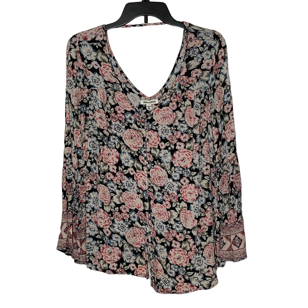 Billabong Button‎ Up Blouse Size Small Multi Color Floral Rayon Womens LS
